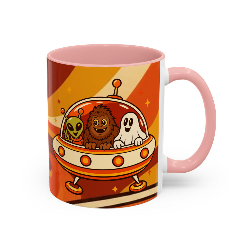 Retro Alien Friends Coffee Mug — Cute UFO, Alien, Bigfoot & Ghost Accent Mug (11/15oz)
