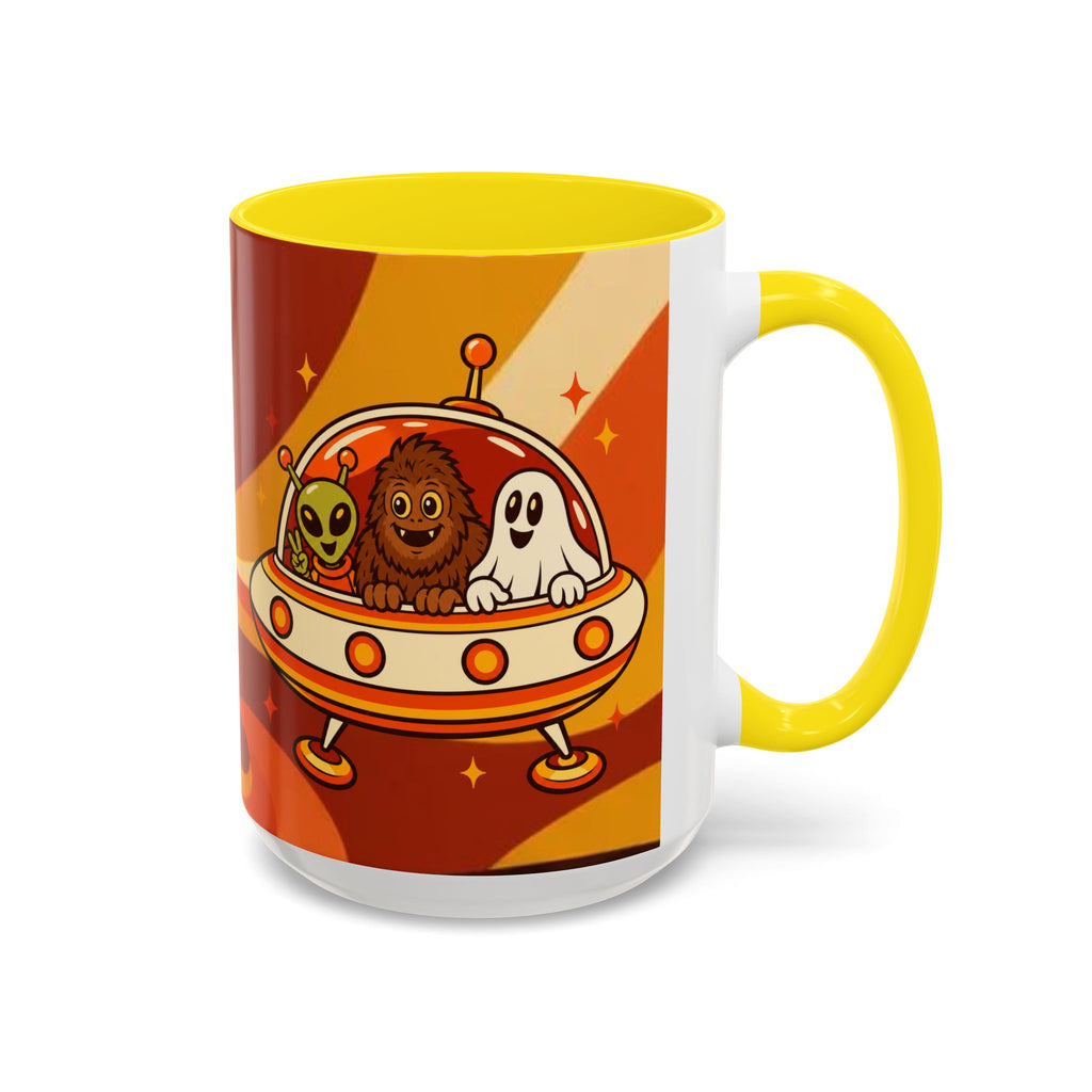 Retro Alien Friends Coffee Mug — Cute UFO, Alien, Bigfoot & Ghost Accent Mug (11/15oz)