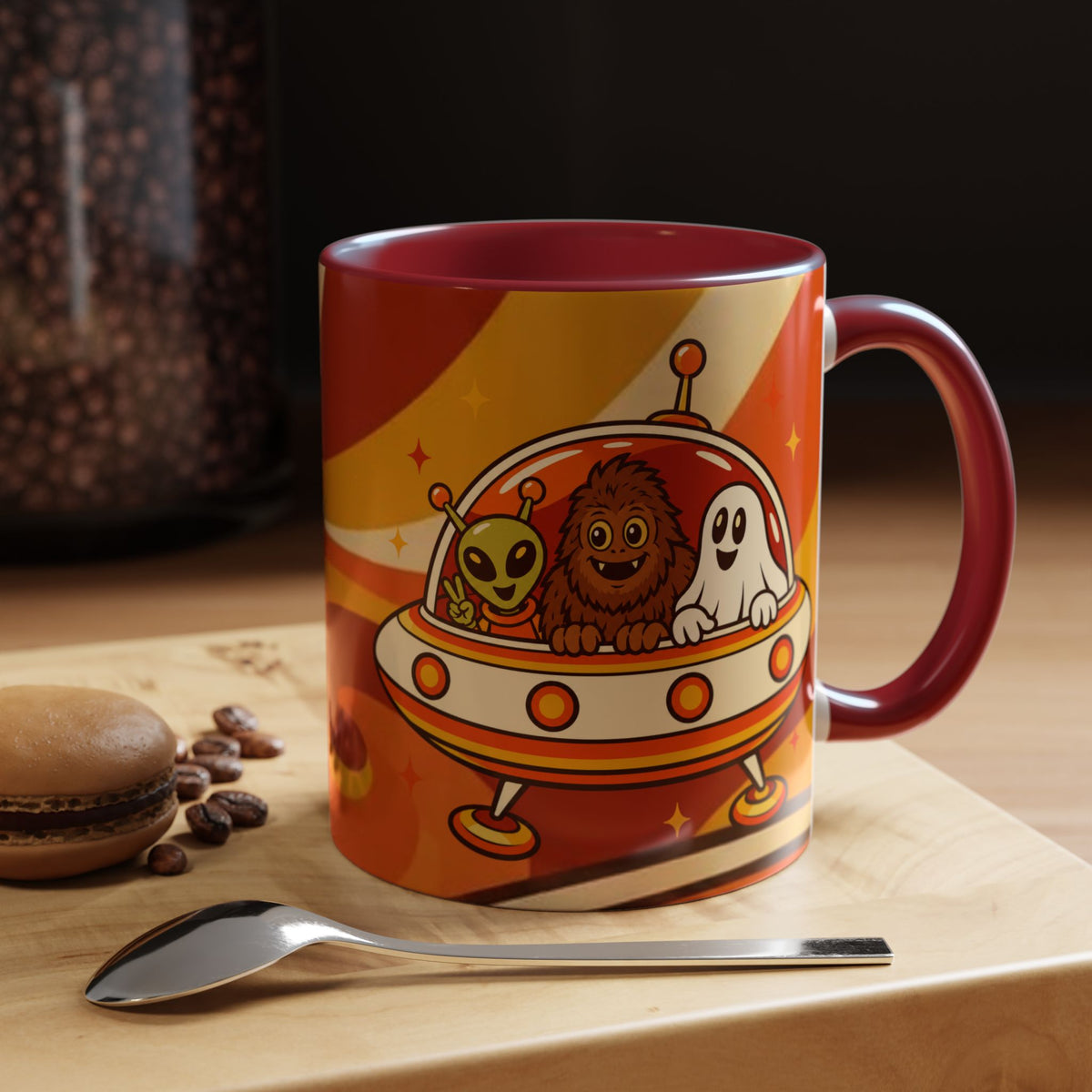 Retro Alien Friends Coffee Mug — Cute UFO, Alien, Bigfoot & Ghost Accent Mug (11/15oz)