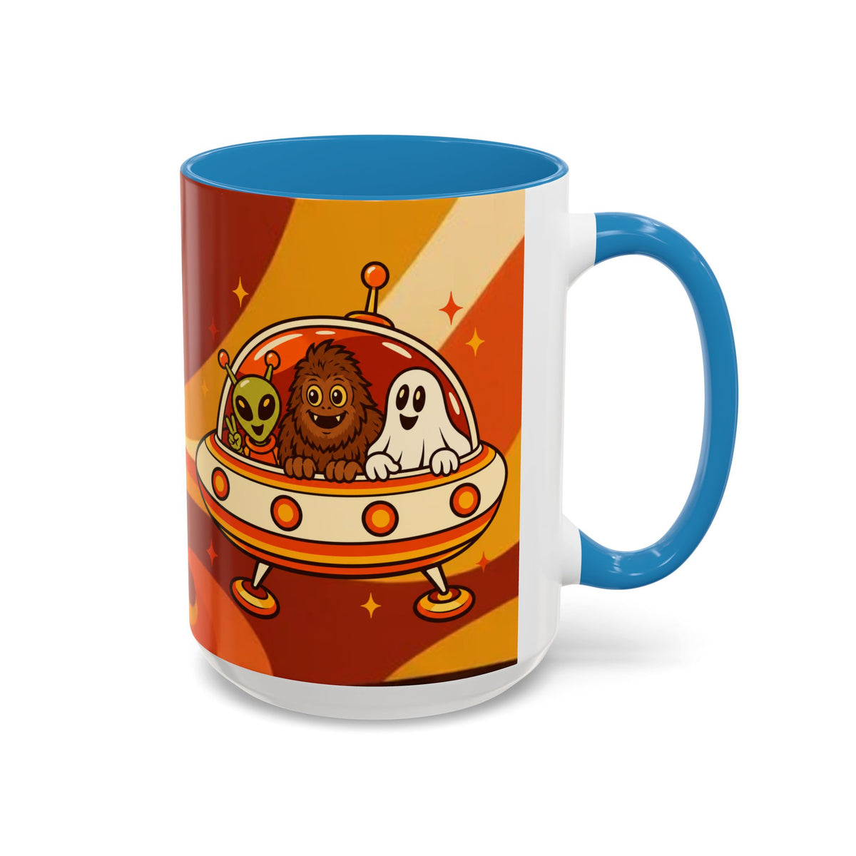 Retro Alien Friends Coffee Mug — Cute UFO, Alien, Bigfoot & Ghost Accent Mug (11/15oz)