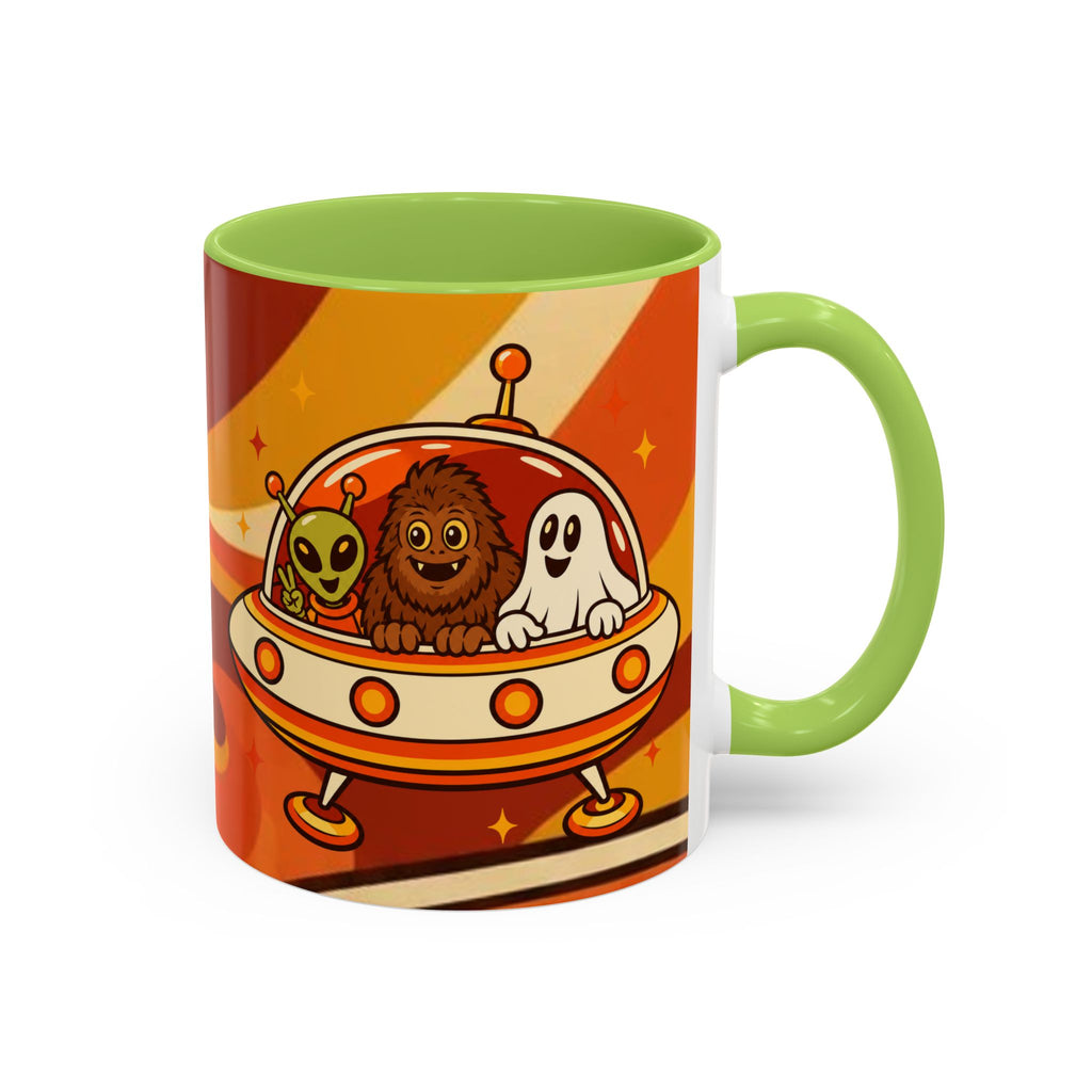 Retro Alien Friends Coffee Mug — Cute UFO, Alien, Bigfoot & Ghost Accent Mug (11/15oz)
