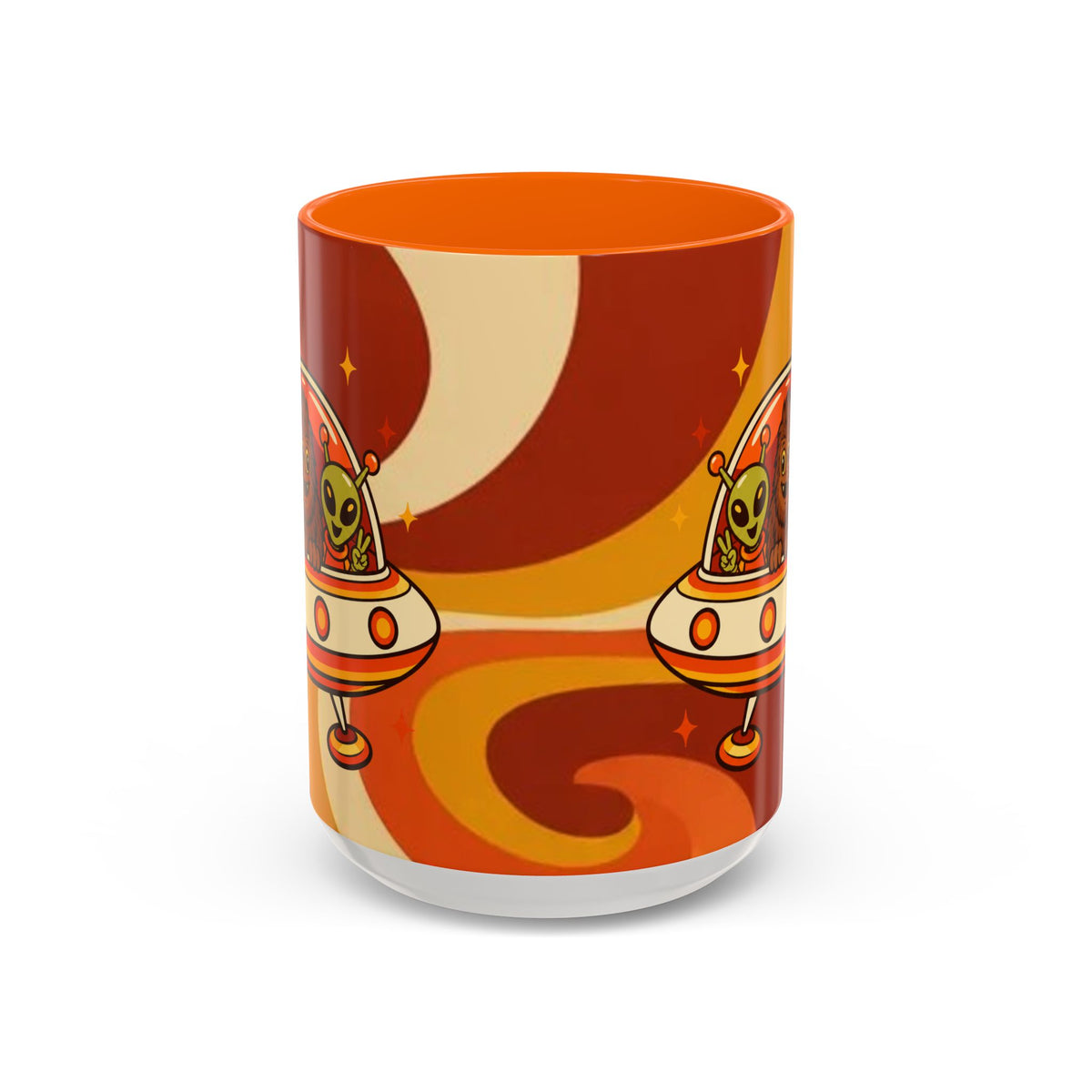 Retro Alien Friends Coffee Mug — Cute UFO, Alien, Bigfoot & Ghost Accent Mug (11/15oz)