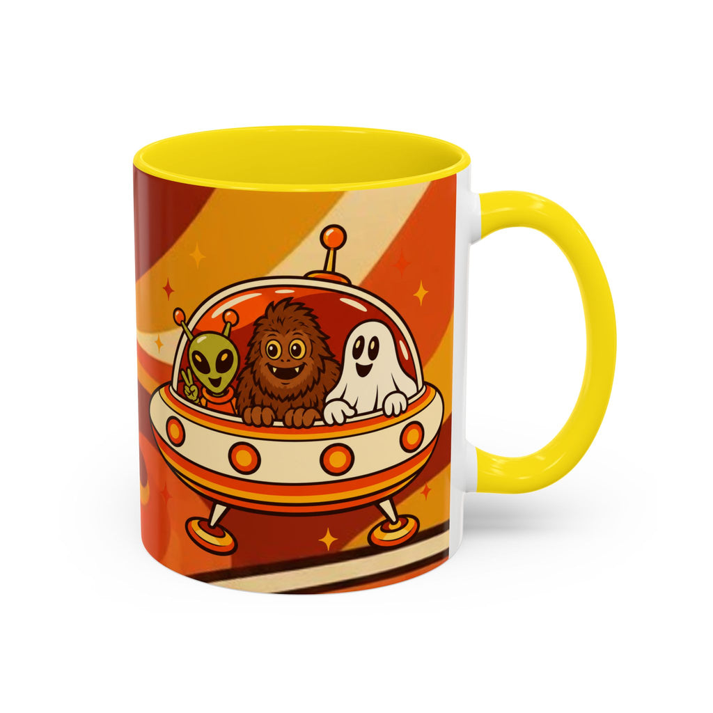 Retro Alien Friends Coffee Mug — Cute UFO, Alien, Bigfoot & Ghost Accent Mug (11/15oz)