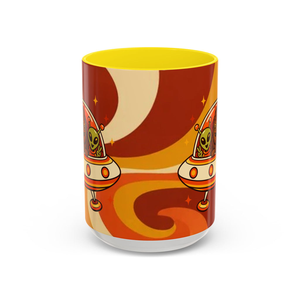Retro Alien Friends Coffee Mug — Cute UFO, Alien, Bigfoot & Ghost Accent Mug (11/15oz)