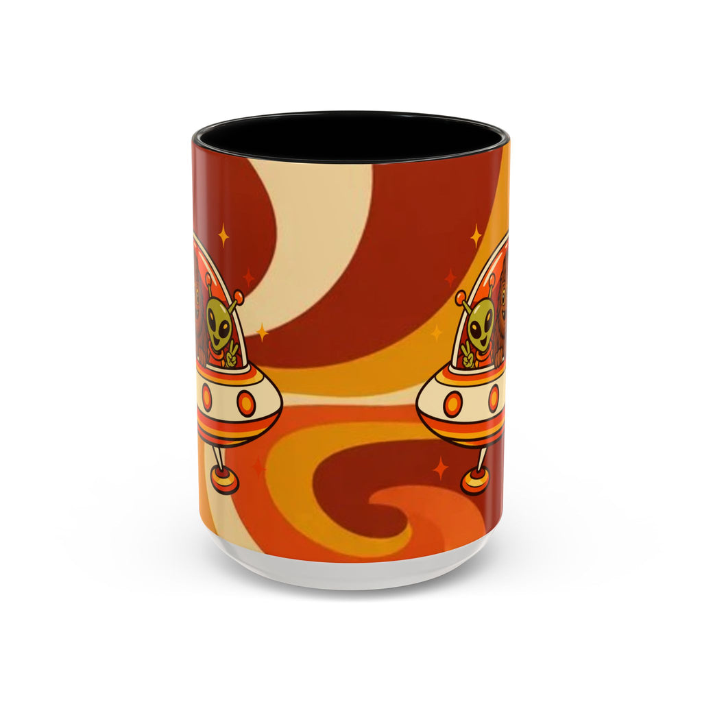 Retro Alien Friends Coffee Mug — Cute UFO, Alien, Bigfoot & Ghost Accent Mug (11/15oz)