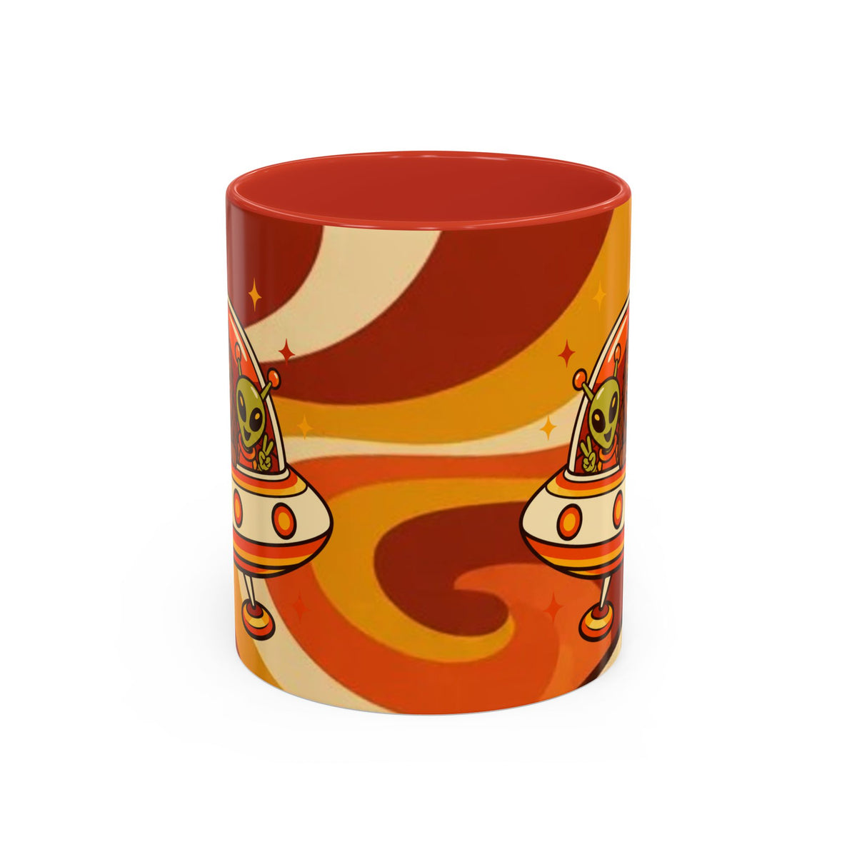 Retro Alien Friends Coffee Mug — Cute UFO, Alien, Bigfoot & Ghost Accent Mug (11/15oz)