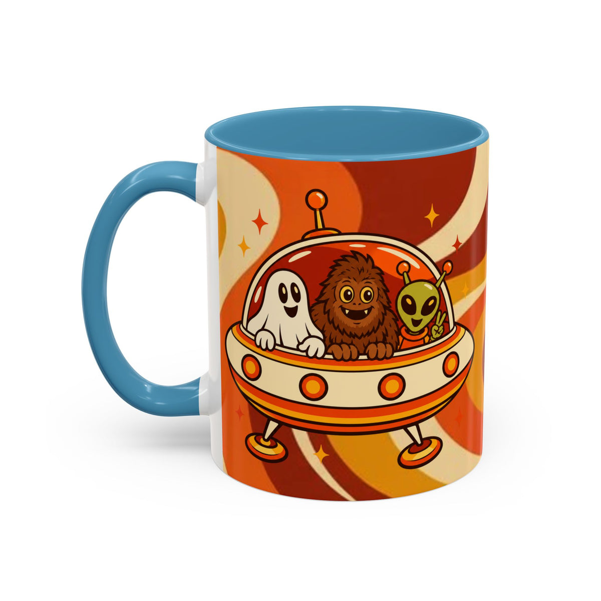 Retro Alien Friends Coffee Mug — Cute UFO, Alien, Bigfoot & Ghost Accent Mug (11/15oz)