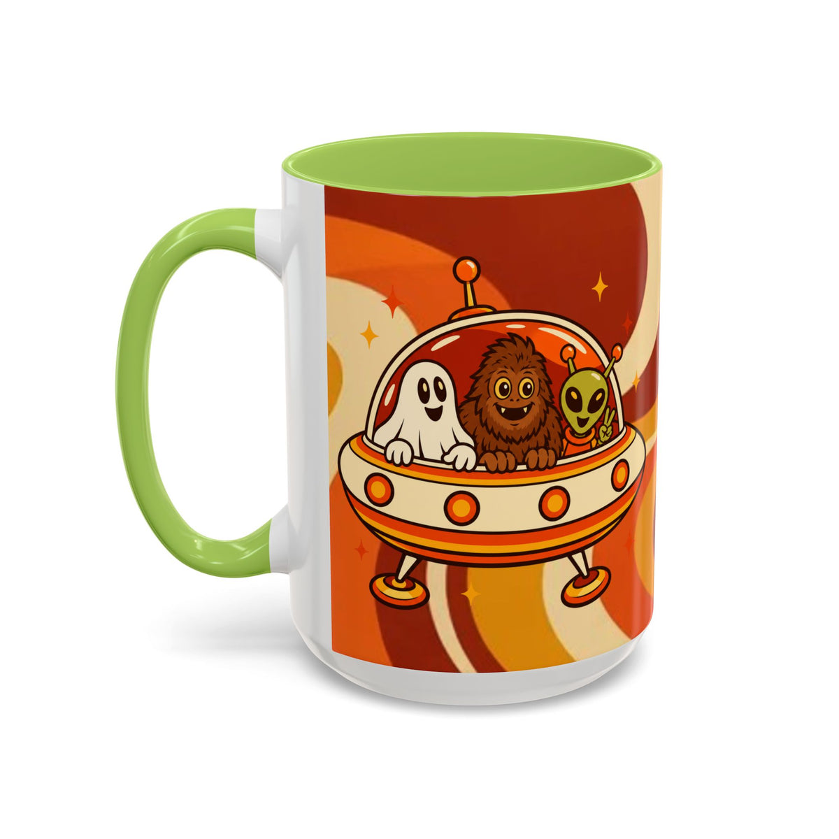 Retro Alien Friends Coffee Mug — Cute UFO, Alien, Bigfoot & Ghost Accent Mug (11/15oz)