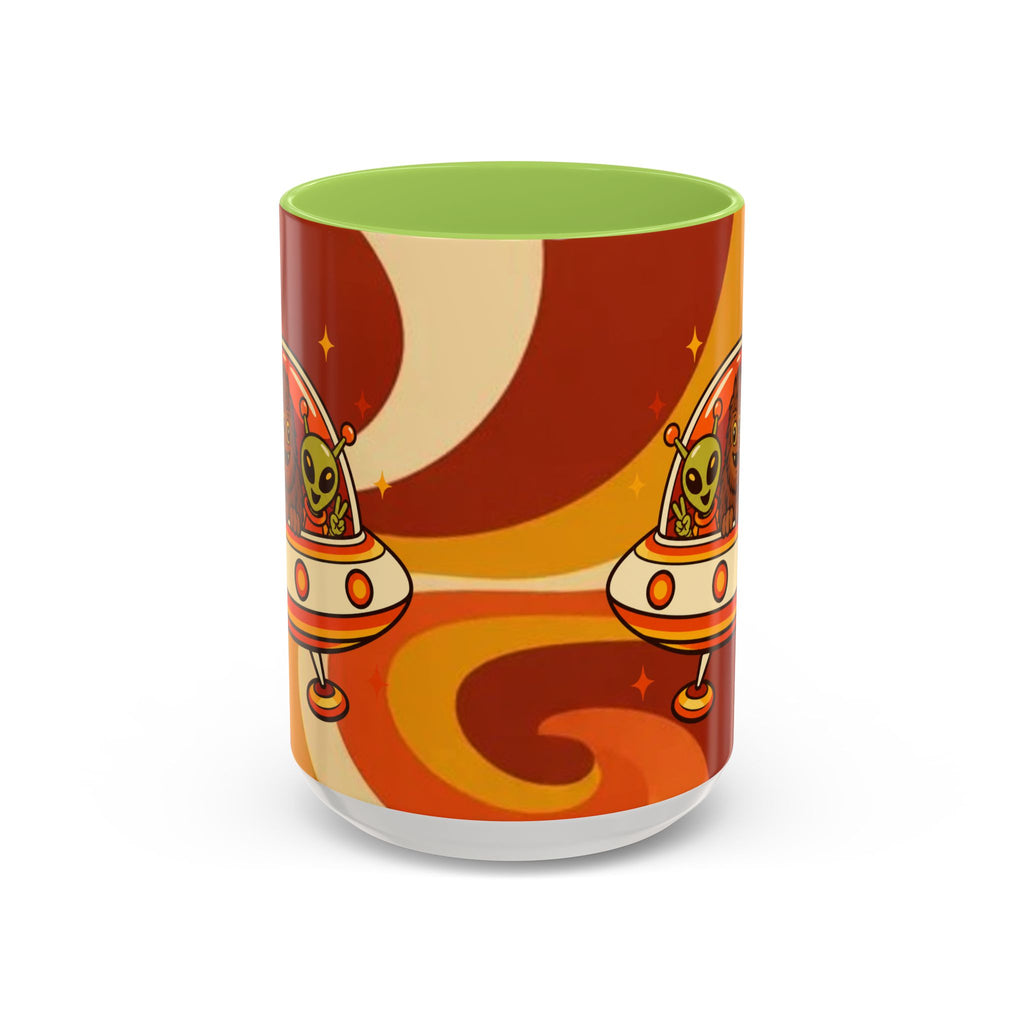 Retro Alien Friends Coffee Mug — Cute UFO, Alien, Bigfoot & Ghost Accent Mug (11/15oz)