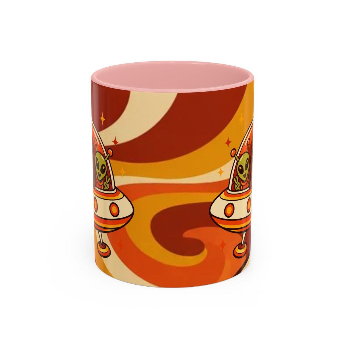 Retro Alien Friends Coffee Mug — Cute UFO, Alien, Bigfoot & Ghost Accent Mug (11/15oz)