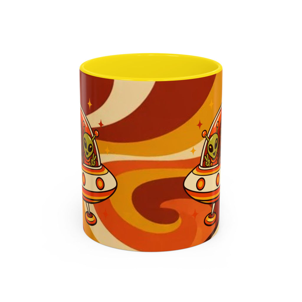 Retro Alien Friends Coffee Mug — Cute UFO, Alien, Bigfoot & Ghost Accent Mug (11/15oz)