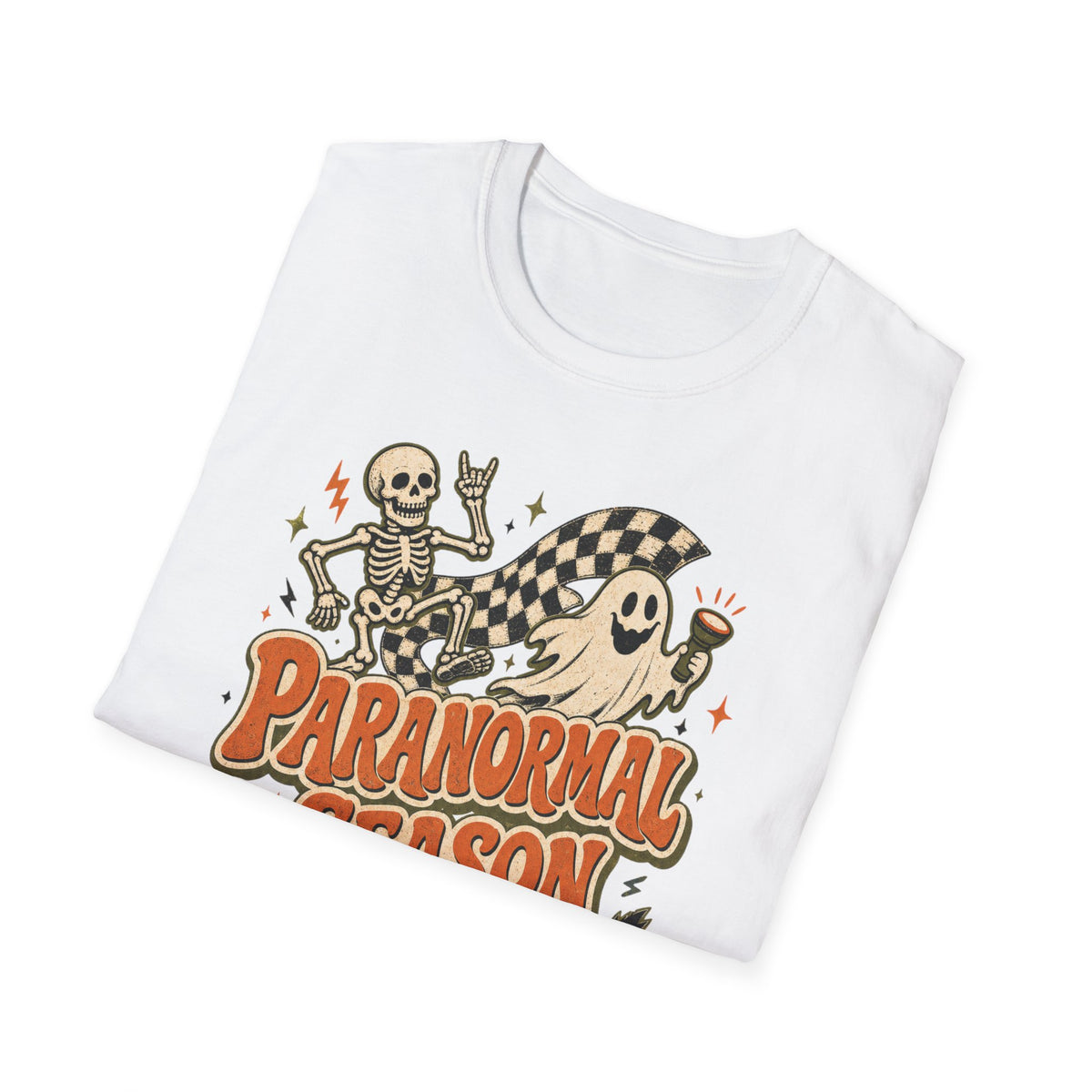 Paranormal Season Halloween T-Shirt — Retro Skeleton, Ghost & Black Cat Design