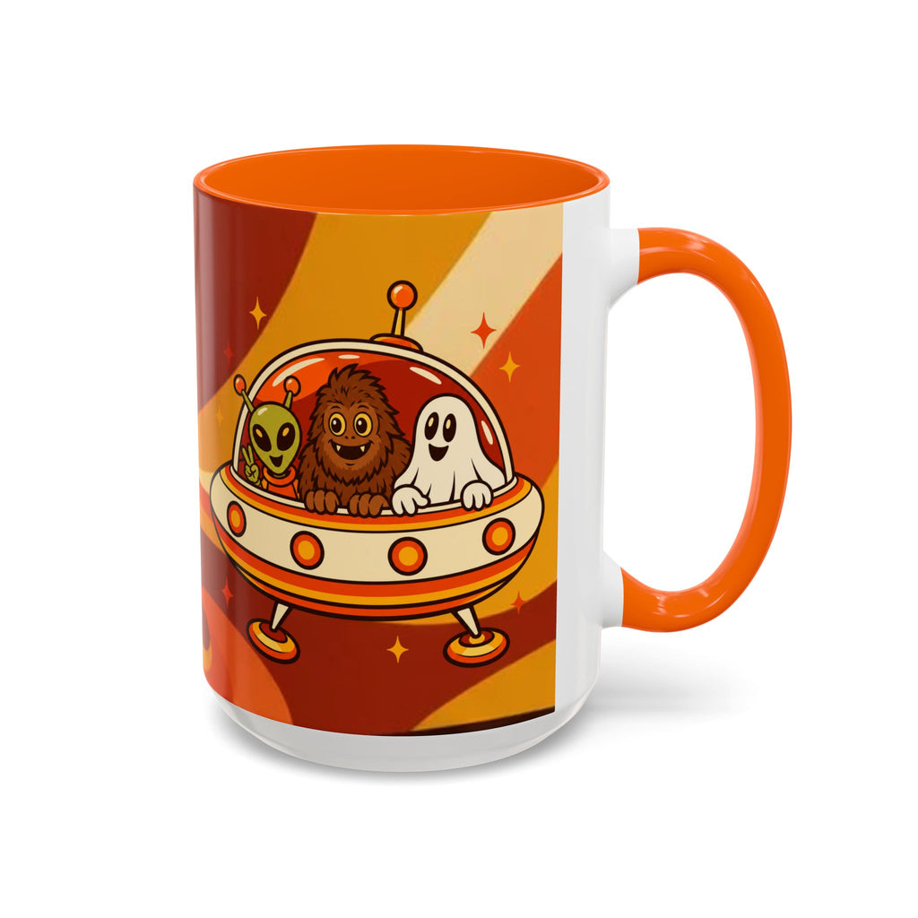 Retro Alien Friends Coffee Mug — Cute UFO, Alien, Bigfoot & Ghost Accent Mug (11/15oz)