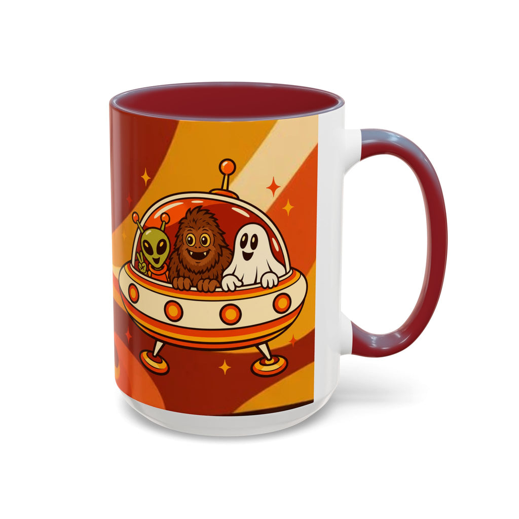 Retro Alien Friends Coffee Mug — Cute UFO, Alien, Bigfoot & Ghost Accent Mug (11/15oz)