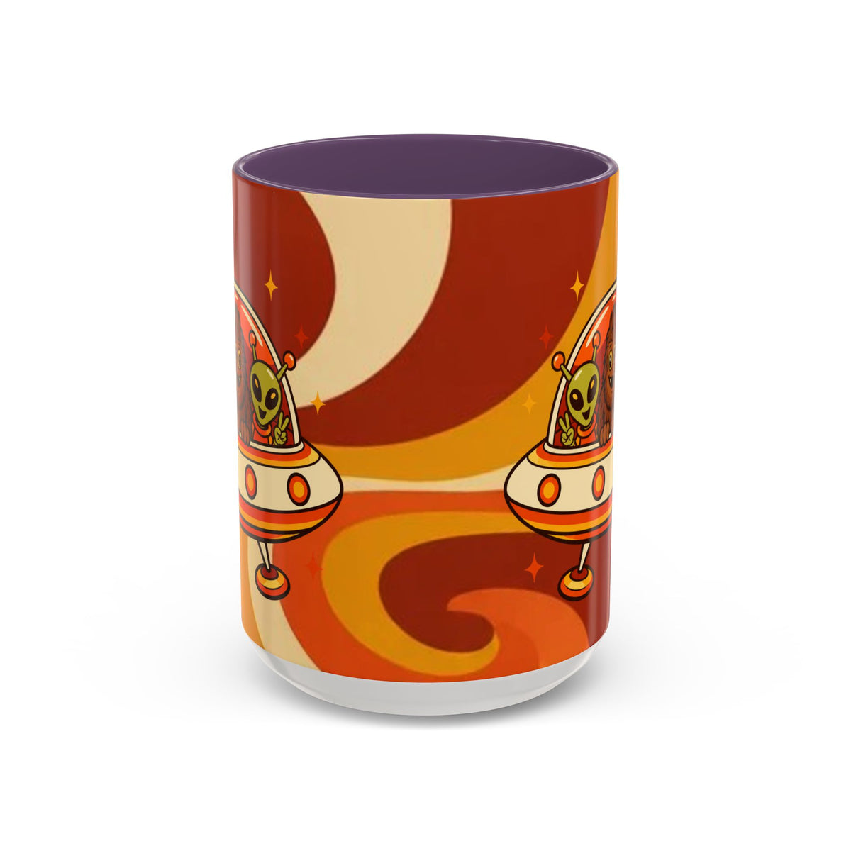 Retro Alien Friends Coffee Mug — Cute UFO, Alien, Bigfoot & Ghost Accent Mug (11/15oz)