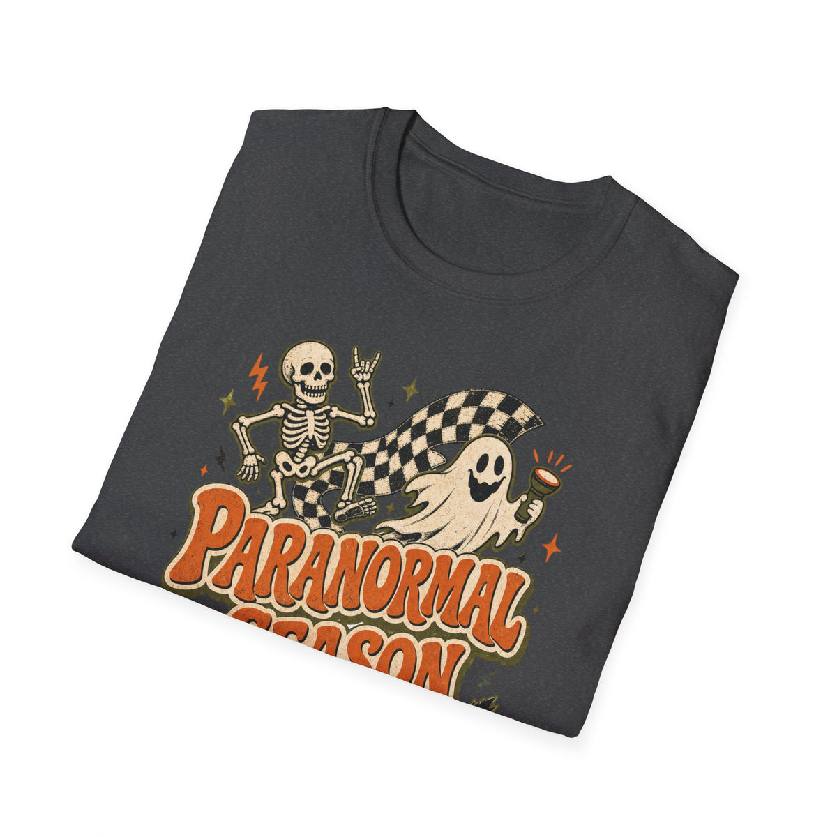Paranormal Season Halloween T-Shirt — Retro Skeleton, Ghost & Black Cat Design