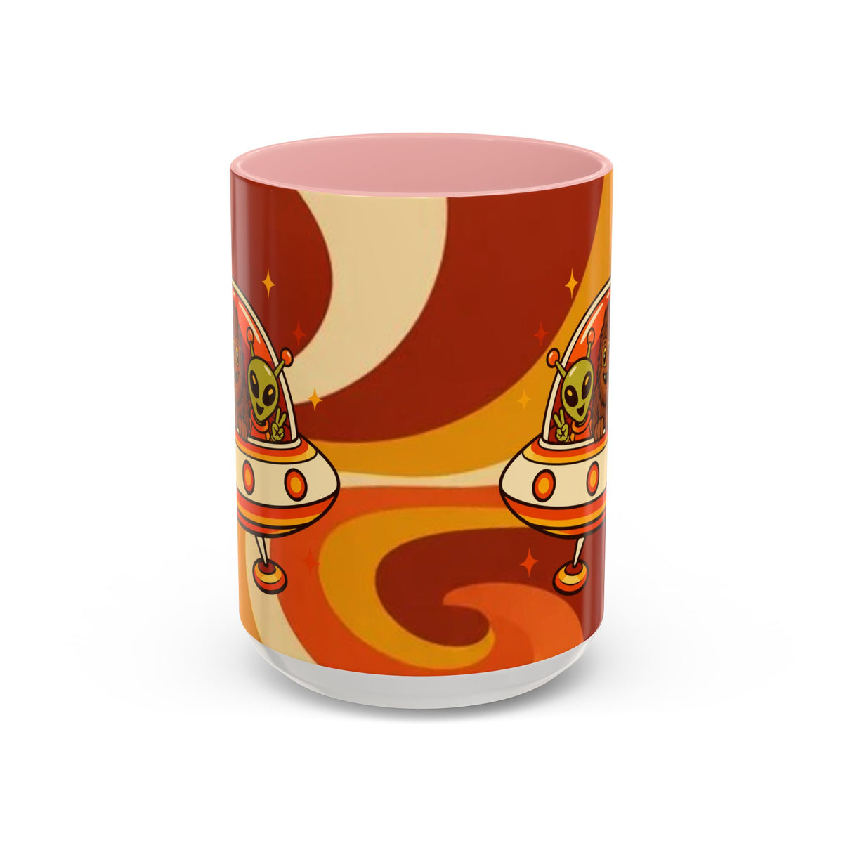 Retro Alien Friends Coffee Mug — Cute UFO, Alien, Bigfoot & Ghost Accent Mug (11/15oz)