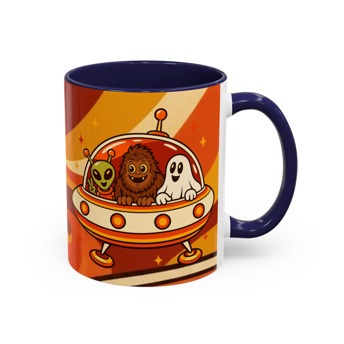 Retro Alien Friends Coffee Mug — Cute UFO, Alien, Bigfoot & Ghost Accent Mug (11/15oz)