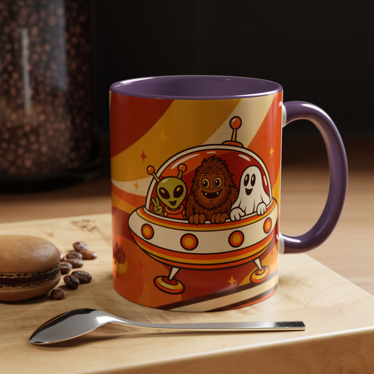 Retro Alien Friends Coffee Mug — Cute UFO, Alien, Bigfoot & Ghost Accent Mug (11/15oz)