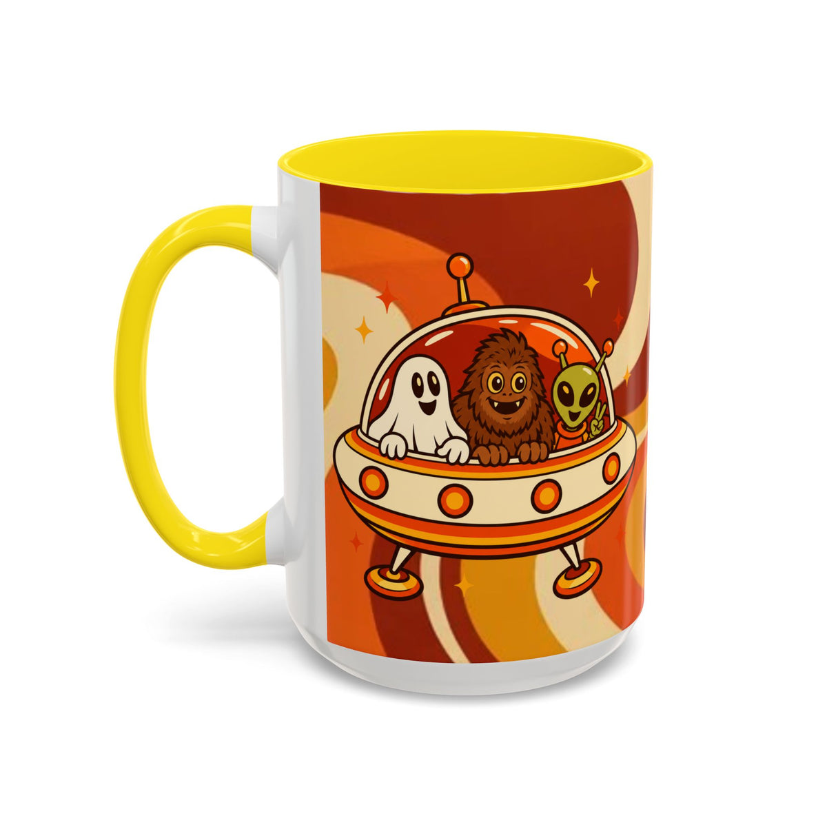 Retro Alien Friends Coffee Mug — Cute UFO, Alien, Bigfoot & Ghost Accent Mug (11/15oz)