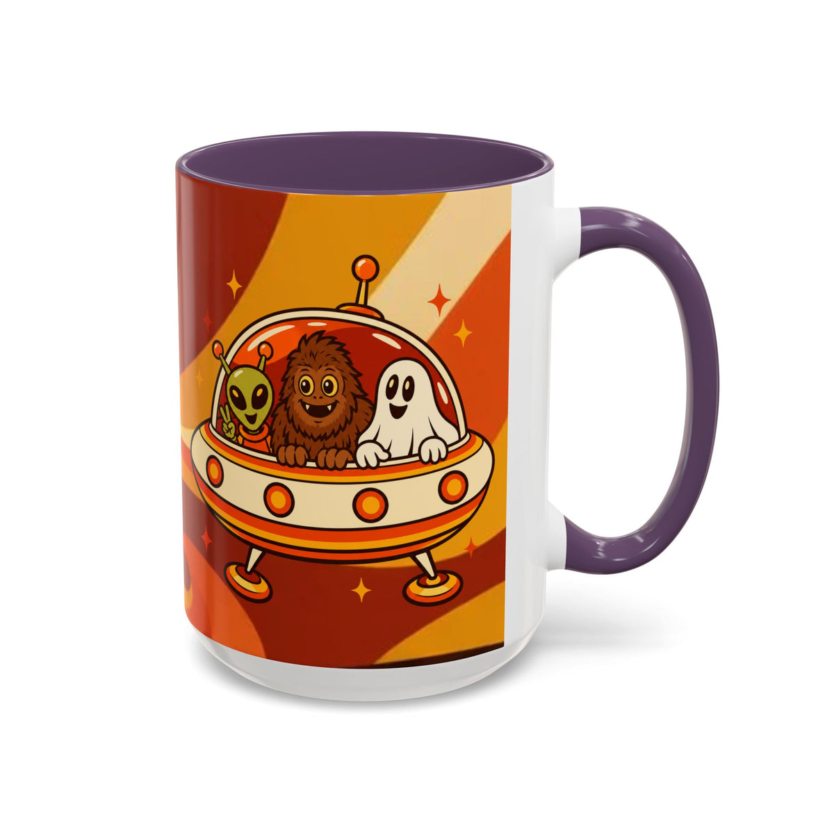 Retro Alien Friends Coffee Mug — Cute UFO, Alien, Bigfoot & Ghost Accent Mug (11/15oz)