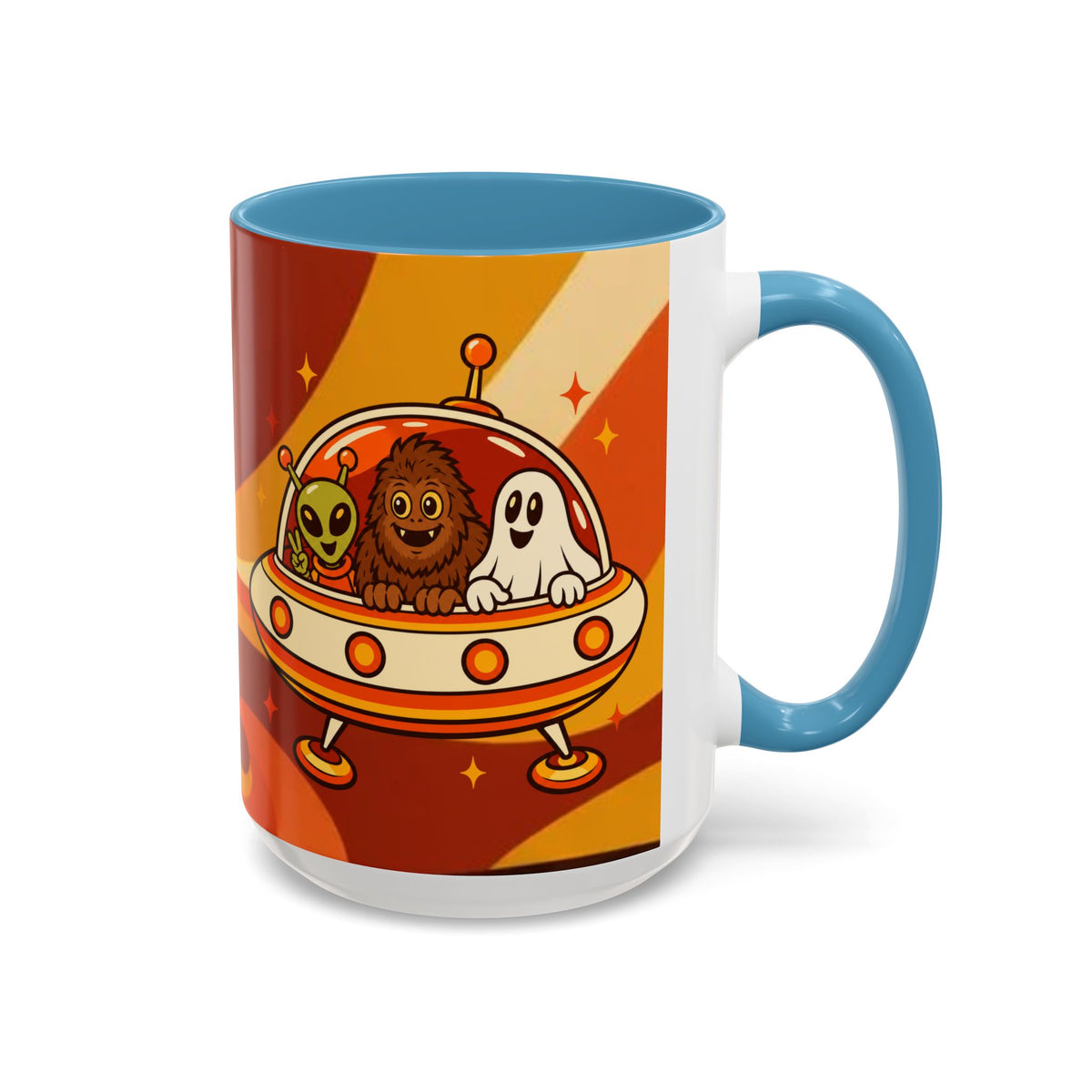 Retro Alien Friends Coffee Mug — Cute UFO, Alien, Bigfoot & Ghost Accent Mug (11/15oz)