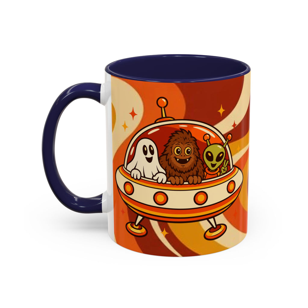 Retro Alien Friends Coffee Mug — Cute UFO, Alien, Bigfoot & Ghost Accent Mug (11/15oz)