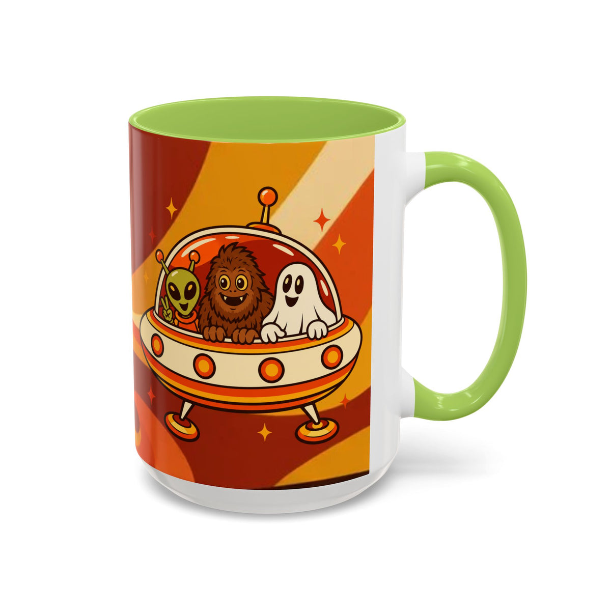 Retro Alien Friends Coffee Mug — Cute UFO, Alien, Bigfoot & Ghost Accent Mug (11/15oz)