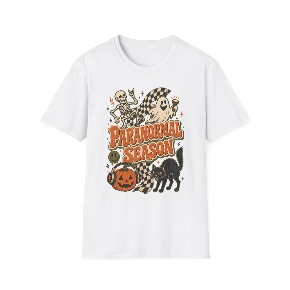 Paranormal Season Halloween T-Shirt — Retro Skeleton, Ghost & Black Cat Design
