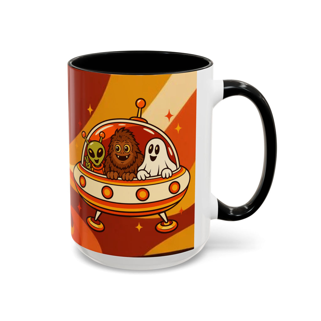 Retro Alien Friends Coffee Mug — Cute UFO, Alien, Bigfoot & Ghost Accent Mug (11/15oz)
