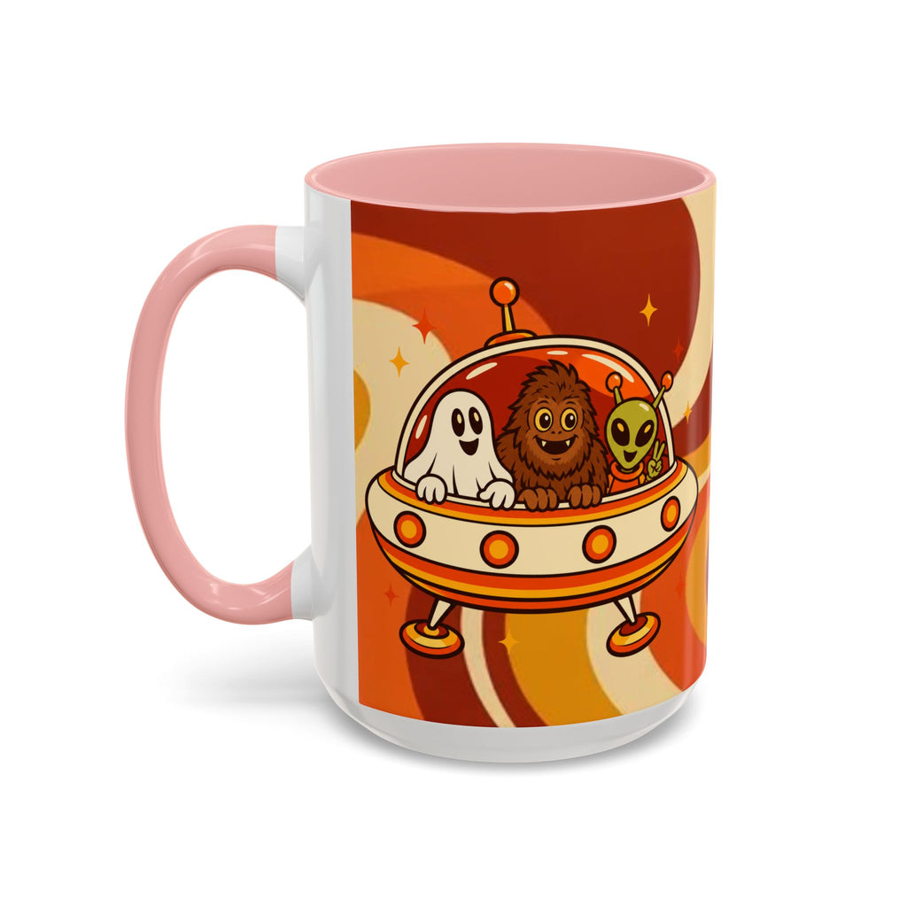 Retro Alien Friends Coffee Mug — Cute UFO, Alien, Bigfoot & Ghost Accent Mug (11/15oz)