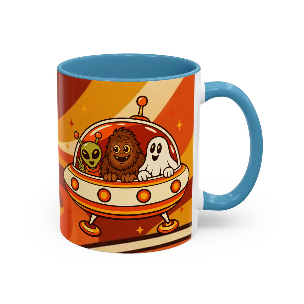 Retro Alien Friends Coffee Mug — Cute UFO, Alien, Bigfoot & Ghost Accent Mug (11/15oz)