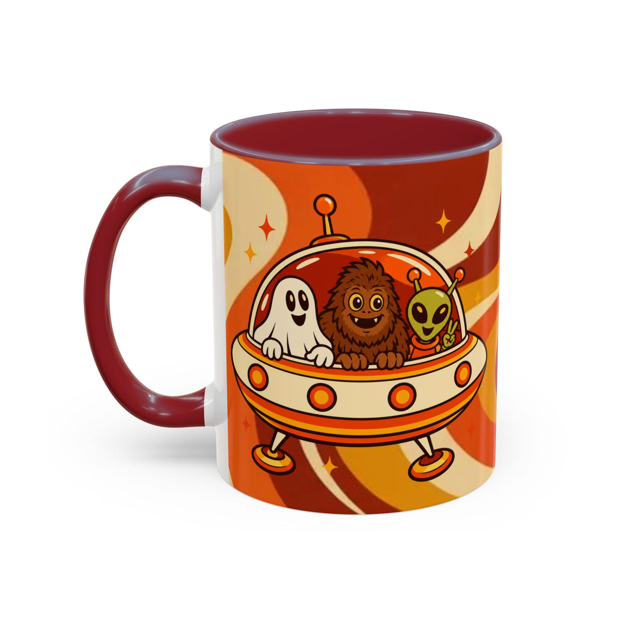 Retro Alien Friends Coffee Mug — Cute UFO, Alien, Bigfoot & Ghost Accent Mug (11/15oz)