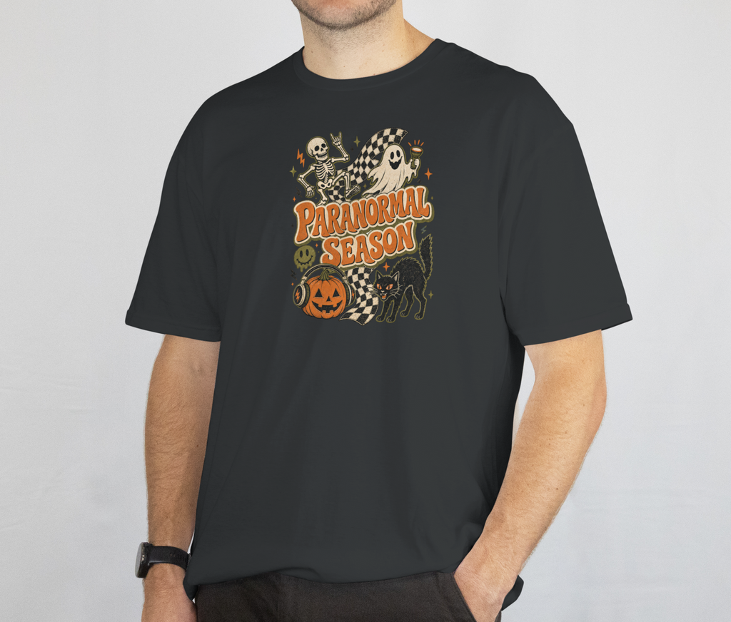 Paranormal Season Halloween T-Shirt — Retro Skeleton, Ghost & Black Cat Design