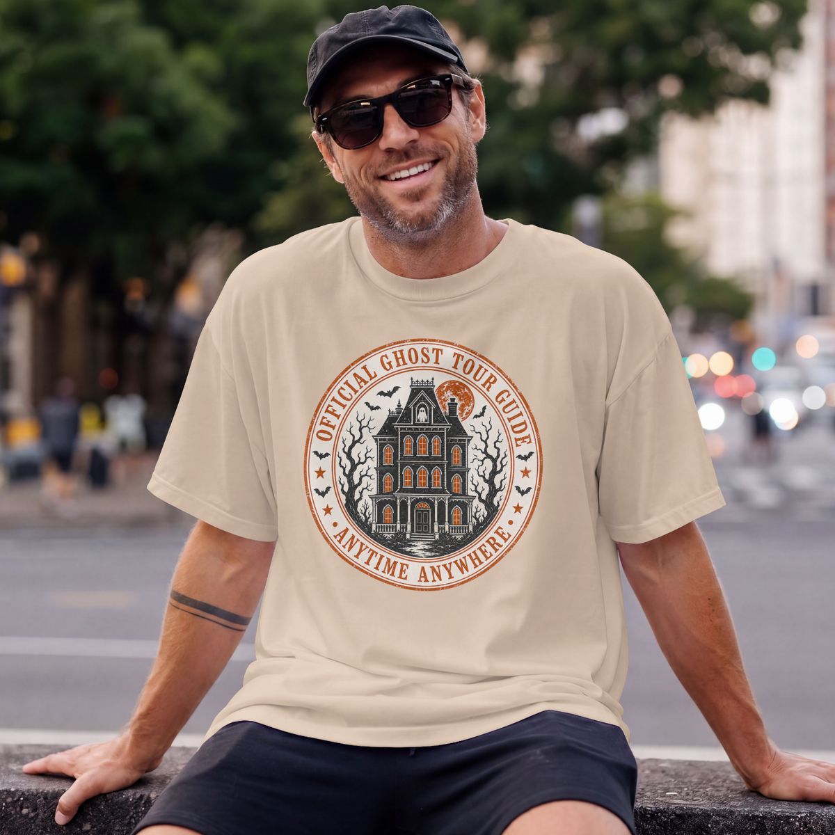 Retro Haunted Tour Guide Badge T-Shirt — Retro badge with Manor Design