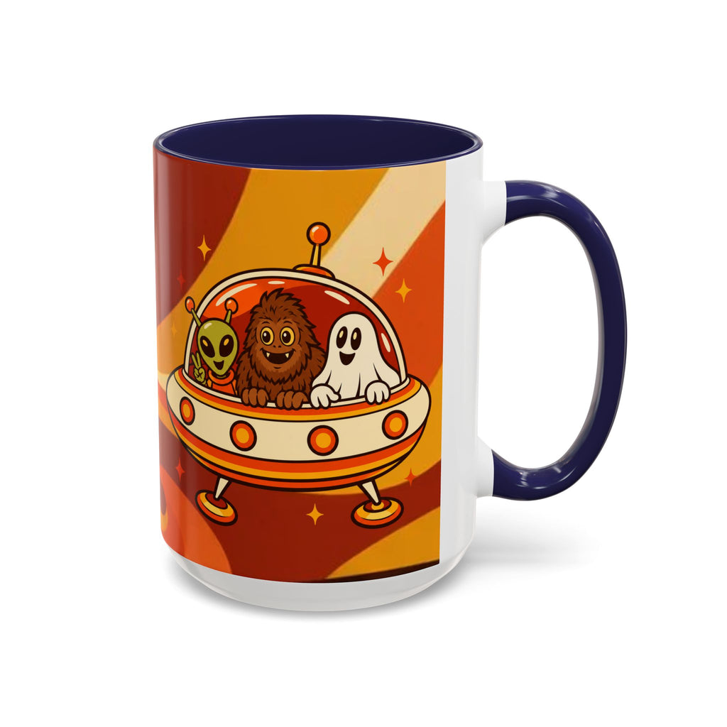 Retro Alien Friends Coffee Mug — Cute UFO, Alien, Bigfoot & Ghost Accent Mug (11/15oz)