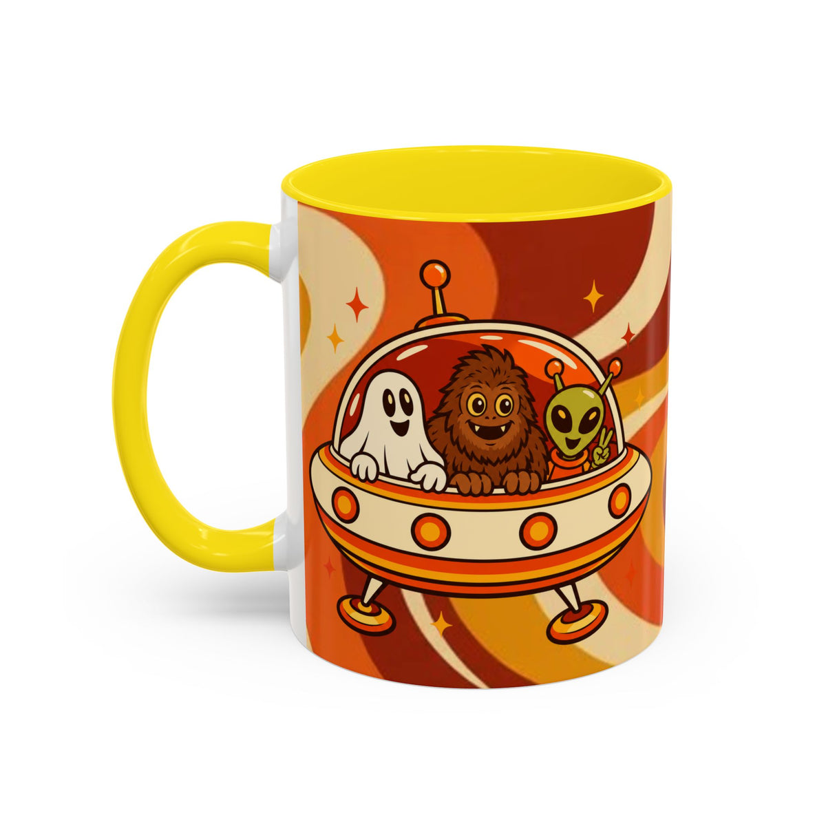 Retro Alien Friends Coffee Mug — Cute UFO, Alien, Bigfoot & Ghost Accent Mug (11/15oz)