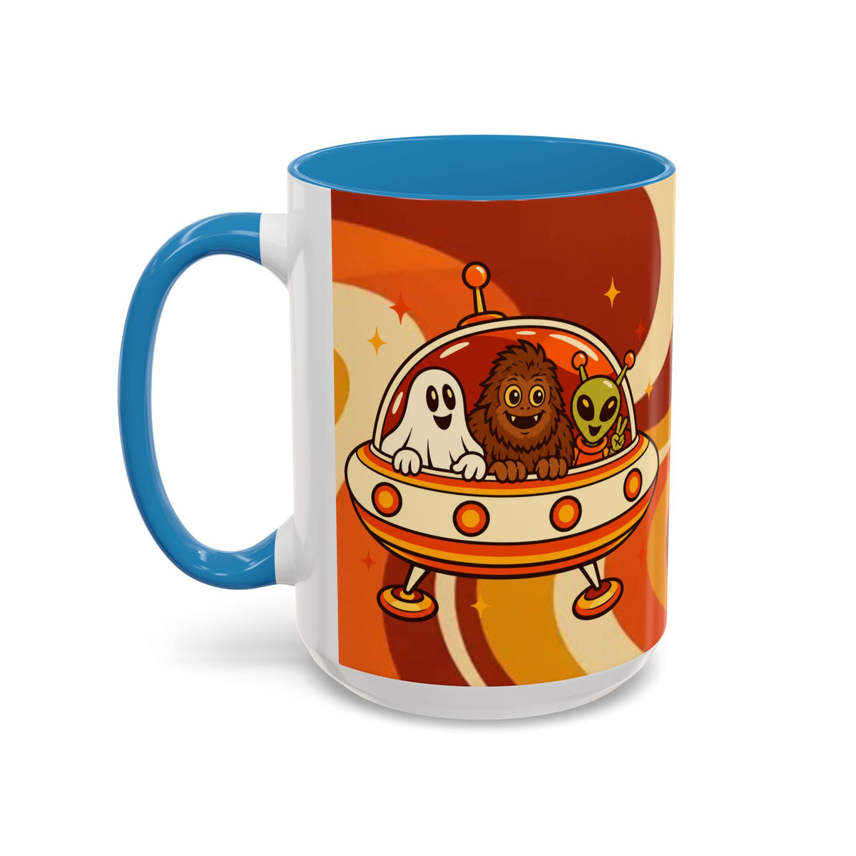 Retro Alien Friends Coffee Mug — Cute UFO, Alien, Bigfoot & Ghost Accent Mug (11/15oz)