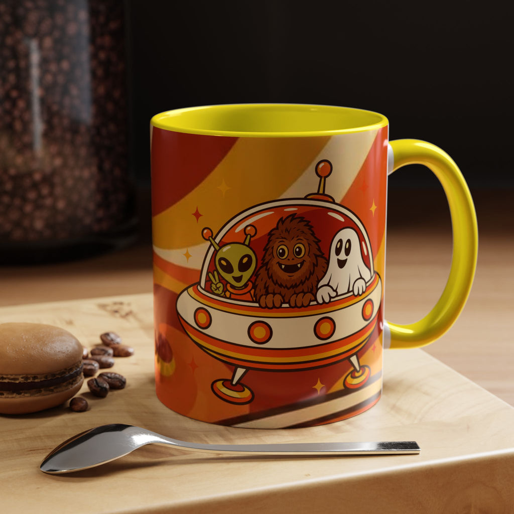 Retro Alien Friends Coffee Mug — Cute UFO, Alien, Bigfoot & Ghost Accent Mug (11/15oz)