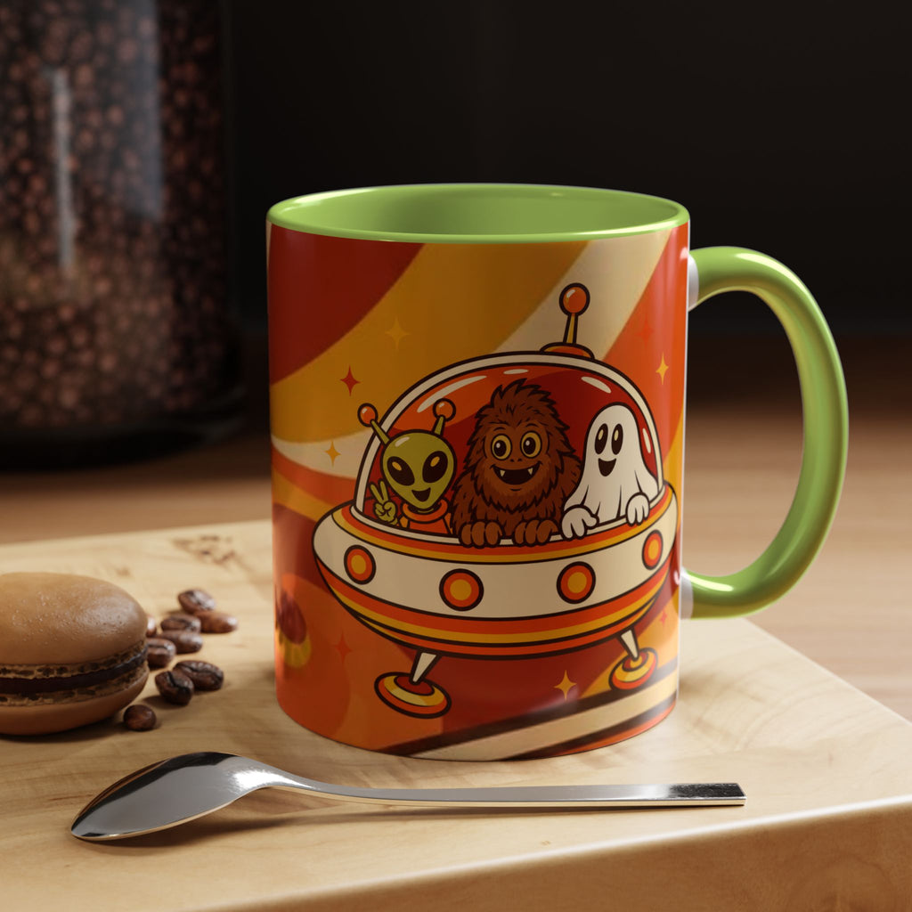 Retro Alien Friends Coffee Mug — Cute UFO, Alien, Bigfoot & Ghost Accent Mug (11/15oz)