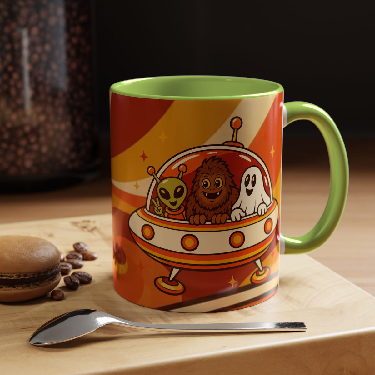 Retro Alien Friends Coffee Mug — Cute UFO, Alien, Bigfoot & Ghost Accent Mug (11/15oz)