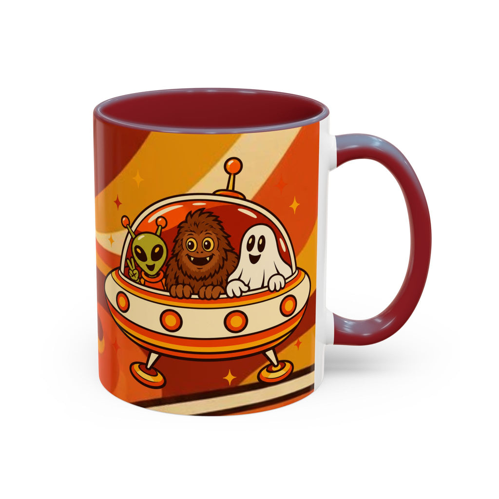 Retro Alien Friends Coffee Mug — Cute UFO, Alien, Bigfoot & Ghost Accent Mug (11/15oz)