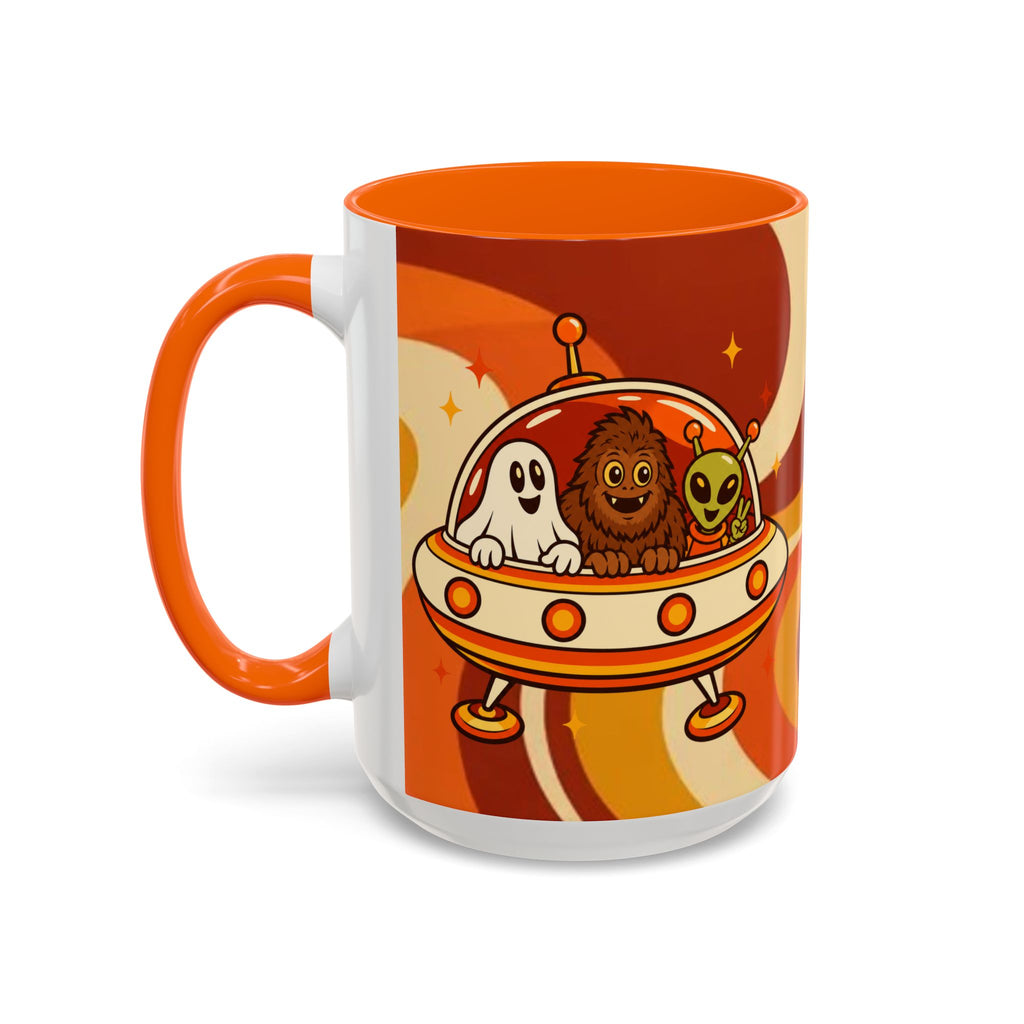 Retro Alien Friends Coffee Mug — Cute UFO, Alien, Bigfoot & Ghost Accent Mug (11/15oz)