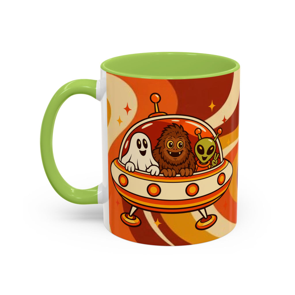 Retro Alien Friends Coffee Mug — Cute UFO, Alien, Bigfoot & Ghost Accent Mug (11/15oz)