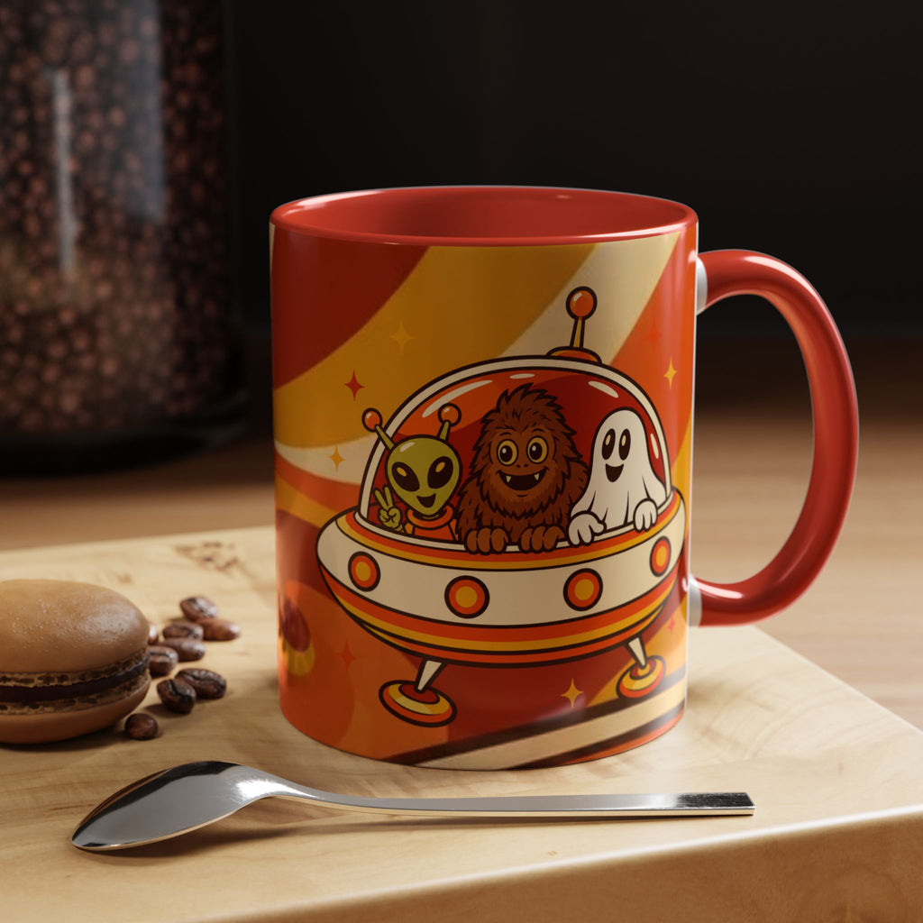 Retro Alien Friends Coffee Mug — Cute UFO, Alien, Bigfoot & Ghost Accent Mug (11/15oz)