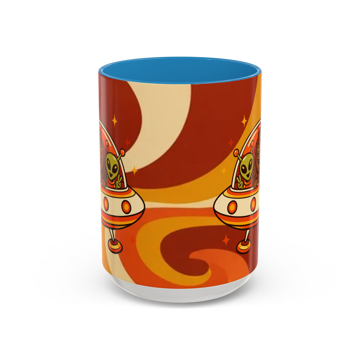 Retro Alien Friends Coffee Mug — Cute UFO, Alien, Bigfoot & Ghost Accent Mug (11/15oz)