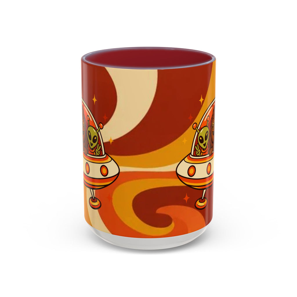 Retro Alien Friends Coffee Mug — Cute UFO, Alien, Bigfoot & Ghost Accent Mug (11/15oz)