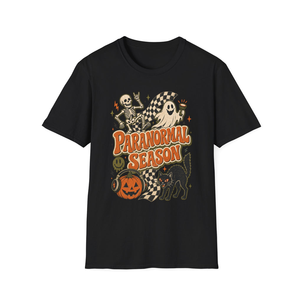 Paranormal Season Halloween T-Shirt — Retro Skeleton, Ghost & Black Cat Design