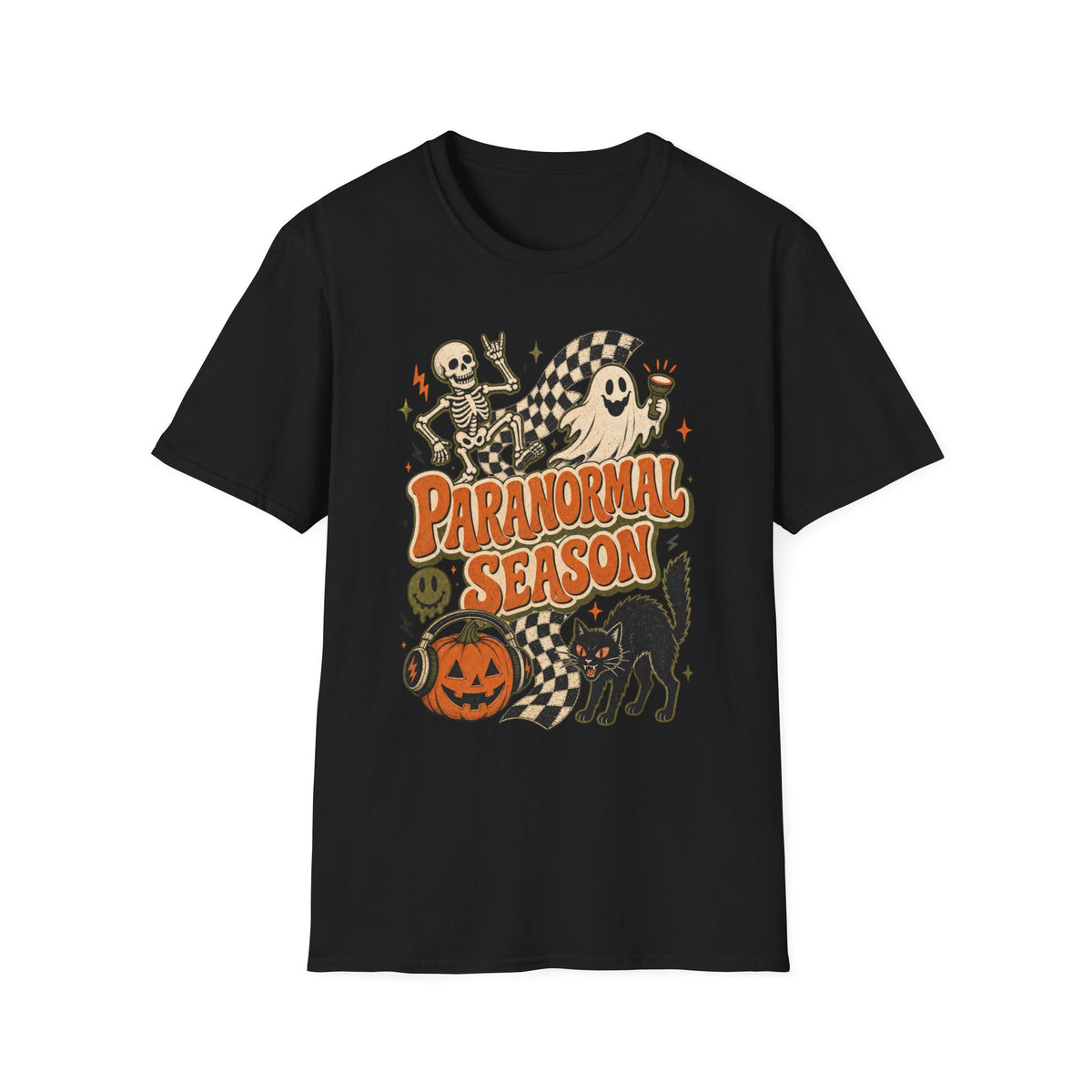 Paranormal Season Halloween T-Shirt — Retro Skeleton, Ghost & Black Cat Design