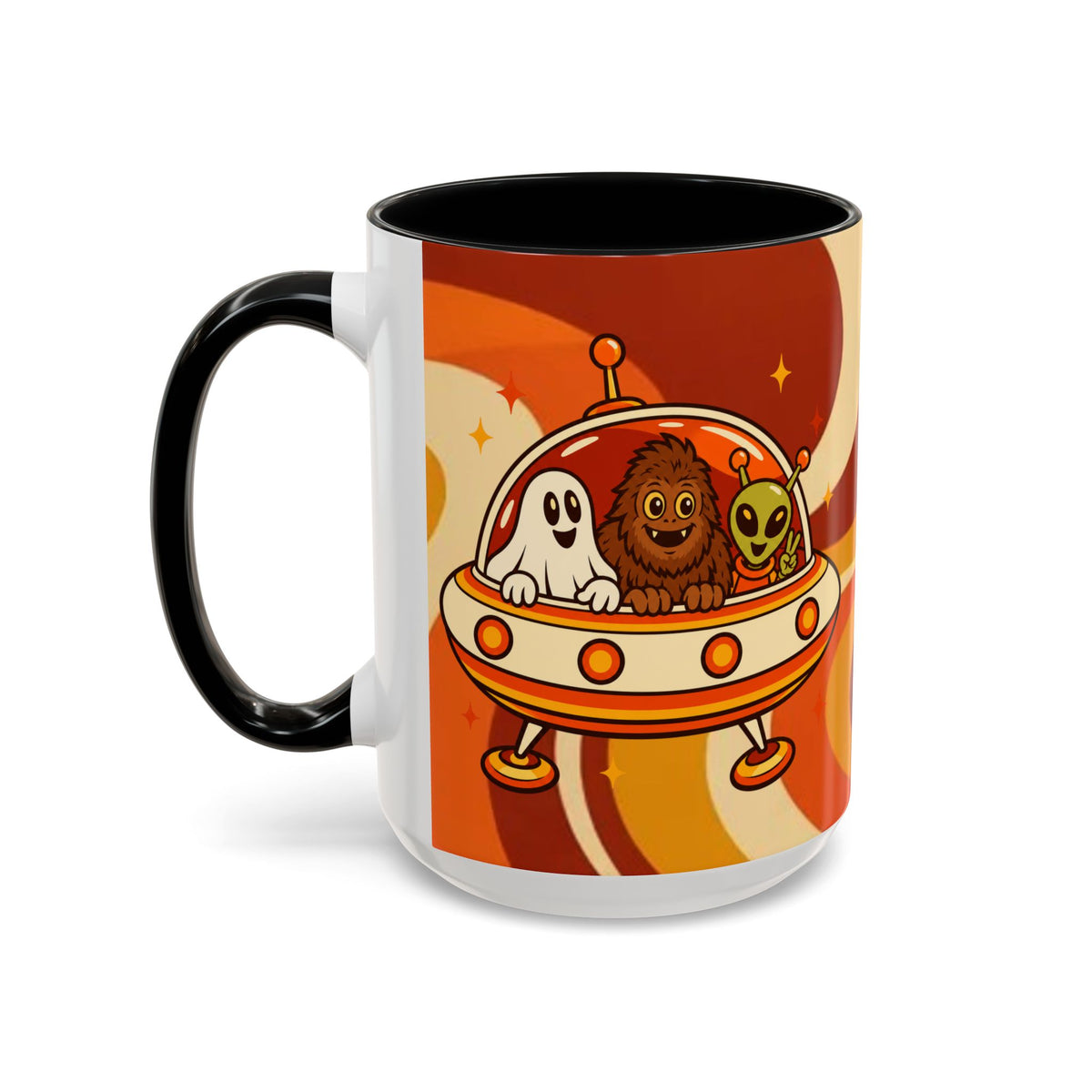 Retro Alien Friends Coffee Mug — Cute UFO, Alien, Bigfoot & Ghost Accent Mug (11/15oz)